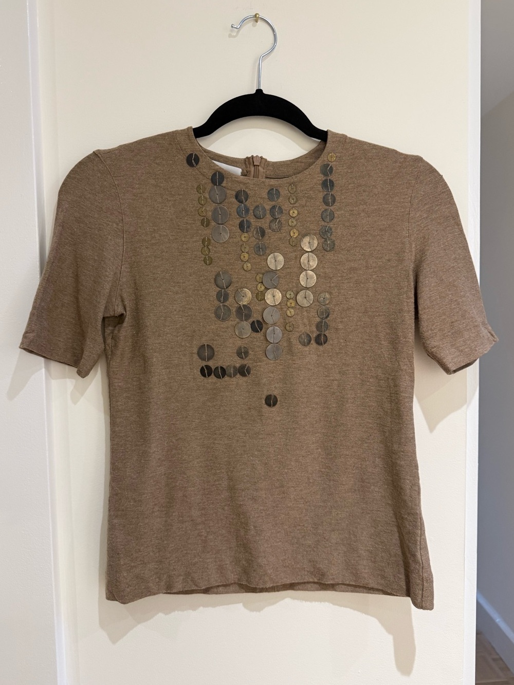 Akris Punto Light Brown Coin/Beaded Short Sleeve Top